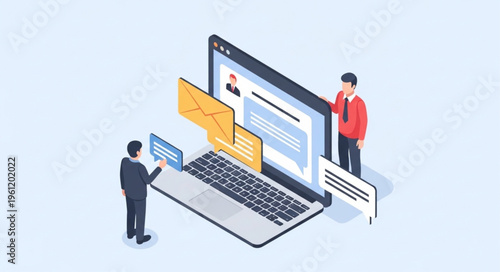 Isometric Illustration of Email Marketing Campaign with Laptop and Characters.