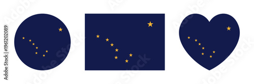 Alaska state flag icon, sticker, badge. Alaska State heart shaped, circle, rectangle flag button, background. Set of rectangular, round, heart flag of Alaska banners.