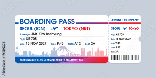 Realistic illustration of airplane ticket boarding pass with passenger name and destination. Concept of travel, journey or business trip.