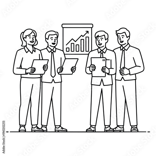 business team standing together eps simple outline style showing group collaboration teamwork and discussion in office environment concept for corporate use
