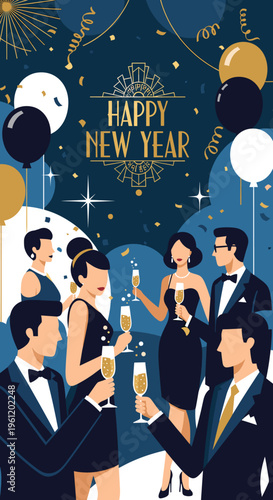 Elegant New Year's Eve celebration with stylishly dressed people toasting champagne amidst fireworks and balloons.