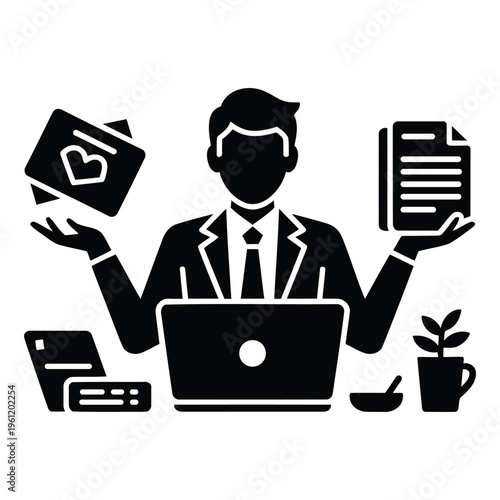 businessman multitasking eps with laptop documents and money icons simple silhouette style showing busy work productivity finance and business management concept