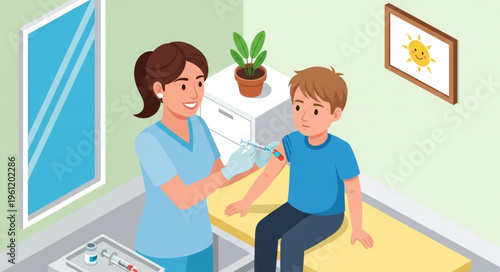 Child Vaccination - Nurse Administering Vaccine to Young Boy.