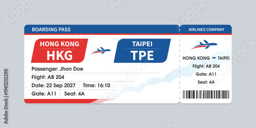 Realistic illustration of airplane ticket boarding pass with passenger name and destination. Concept of travel, journey or business trip.