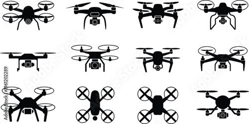 Black silhouettes of various drone models and quadcopters with cameras isolated on white background for aerial photography and technology concepts