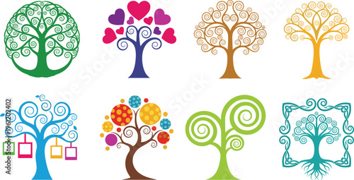 Decorative Tree Collection with Swirl Heart Geometric and Abstract Designs for Nature Concept Branding Illustration Creative Art and Stylish Botanical Elements Set