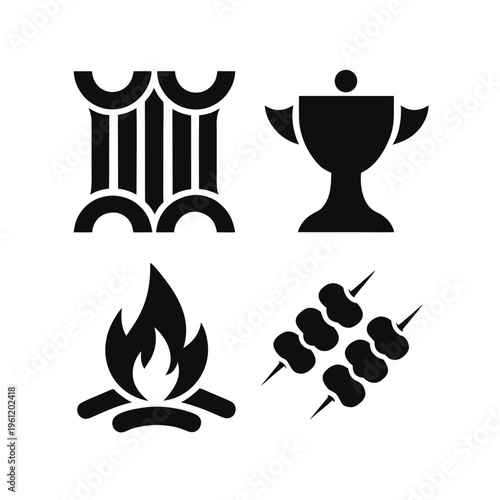 Black silhouette of crown throne fire and crowns on white background