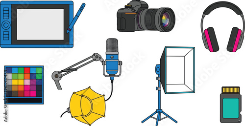 Digital Content Creation Vector Set with DSLR Camera, Graphic Tablet, Studio Lighting, Condenser Microphone, Headphones, Color Palette, and Memory Card for Creative Media Designs