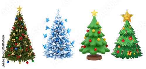 Four different decorated christmas trees with various ornaments and stars on top