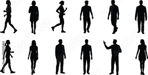 Collection of black silhouettes featuring men and women in various poses like walking, running, standing, and gesturing for lifestyle designs.