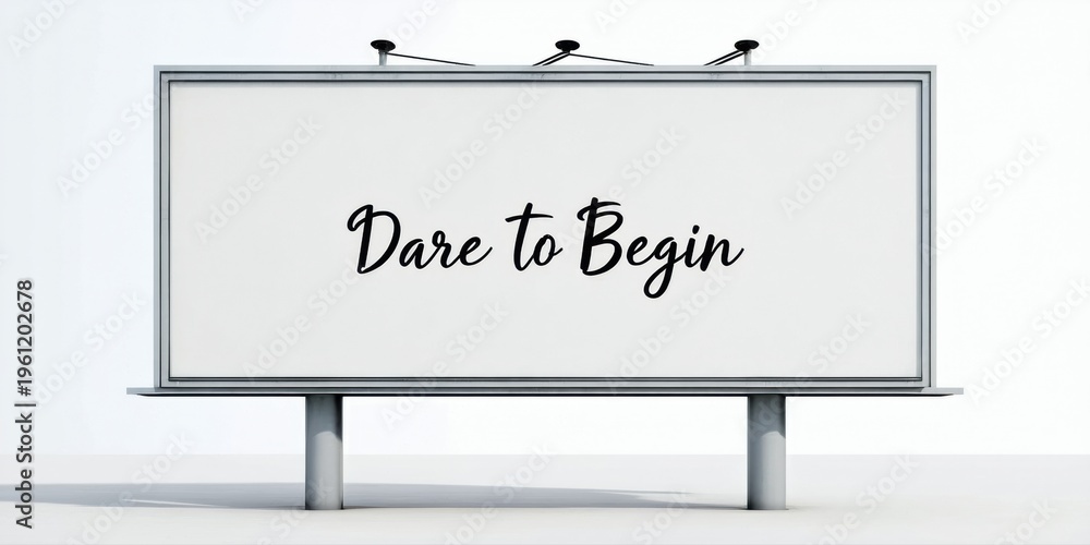 Obraz premium Billboard displays text Dare to Begin. Simple design, white surface, gray supports. Minimalist presentation, dark background.