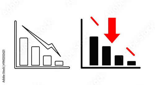 Declining bar chart graphic with red down arrow indicating financial loss, vector illustration