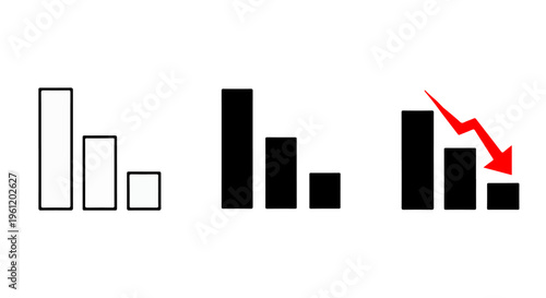 Falling stock chart with red arrow, simple bar graph illustration, economic crisis decline vector