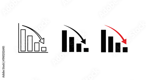 Three styles of downward trending bar chart graphs indicating financial loss or decline, vector illustration