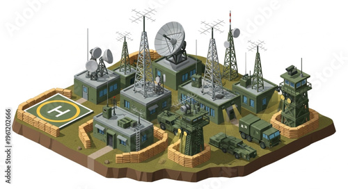 Isometric Military Base with Communication Towers and Helipad.