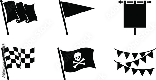 Black Flags Pennants Signs Silhouette Infographic Symbol Collection Isolated