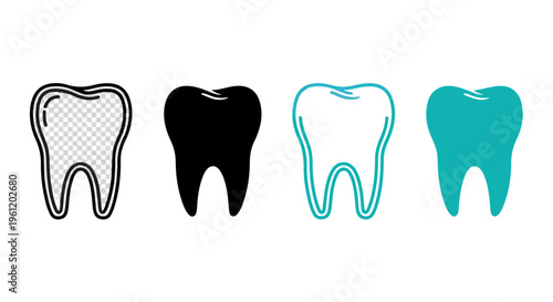 Set of four stylized human tooth icons in black, white, outline, and blue, representing dental care, vector illustration