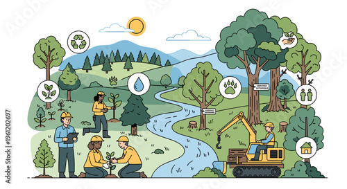 Illustration depicting environmental conservation efforts, including tree planting, water management, and wildlife protection in a natural landscape.