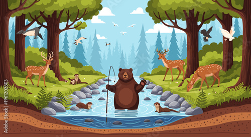A charming forest scene depicts a brown bear fishing in a clear stream, surrounded by various woodland animals like deer, otters, and birds, set against a backdrop of lush trees and a bright sky.
