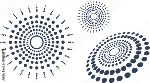 Navy blue dotted shapes set with spiral and sunburst patterns dots