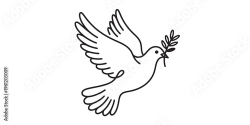 flying dove holding olive branch in beak minimalist line art