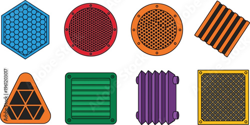 Industrial Ventilation Grate and Pattern Set with Geometric Mesh Covers Metal Panels and Decorative Grilles for Construction Architecture and Engineering Design Illustration