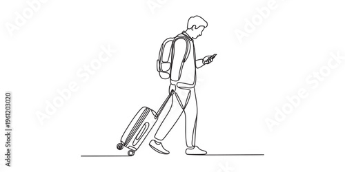 traveler walking with luggage and smartphone