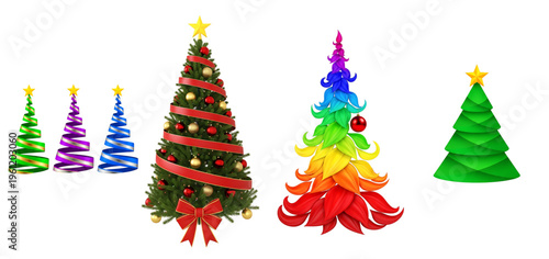 A group of colorful christmas trees on white
