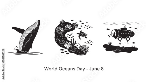 Whale shark submarine ocean creatures in black and white illustration for World Oceans Day