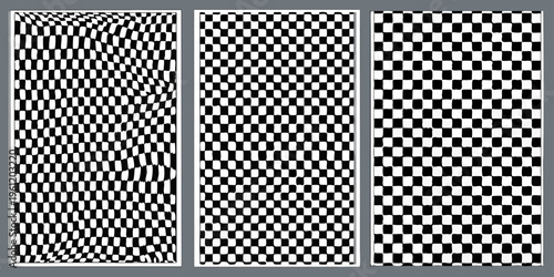Tableau sur toile Three optical illusion panels with distorted black and white patterns