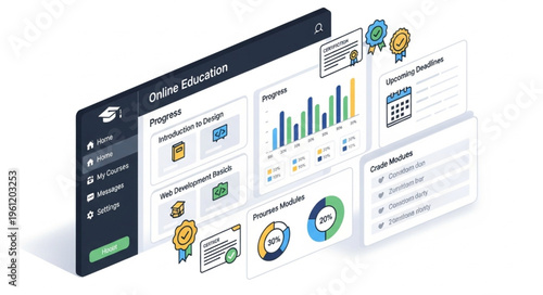 Isometric Crypto Education Dashboard Interface with Data Visualization and Analytics.