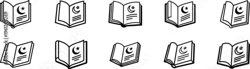Holy Quran Open Book Line Outline Icon Set. Vector Islamic Religious Reading Symbols with Crescent Moon and Star for Ramadan, Eid Mubarak, Muslim Education, Mosque UI Elements, and Faith Illustrations
