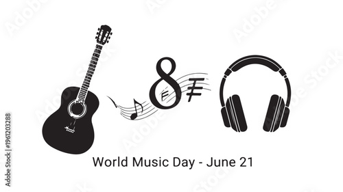Black guitar musical notes headphones on white background for World Music Day June 21 in minimalist style with monochrome color