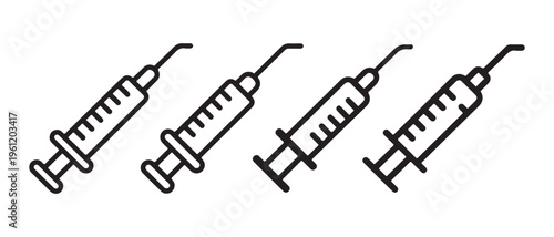 Black Outline Syringe Icons for Medical Injection and Healthcare Concepts on White Background.