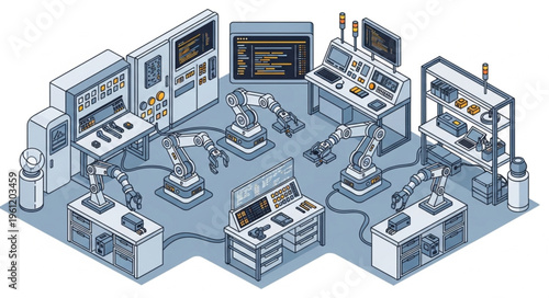Isometric View of a Futuristic Automated Factory with Robotic Arms and Control Panels.