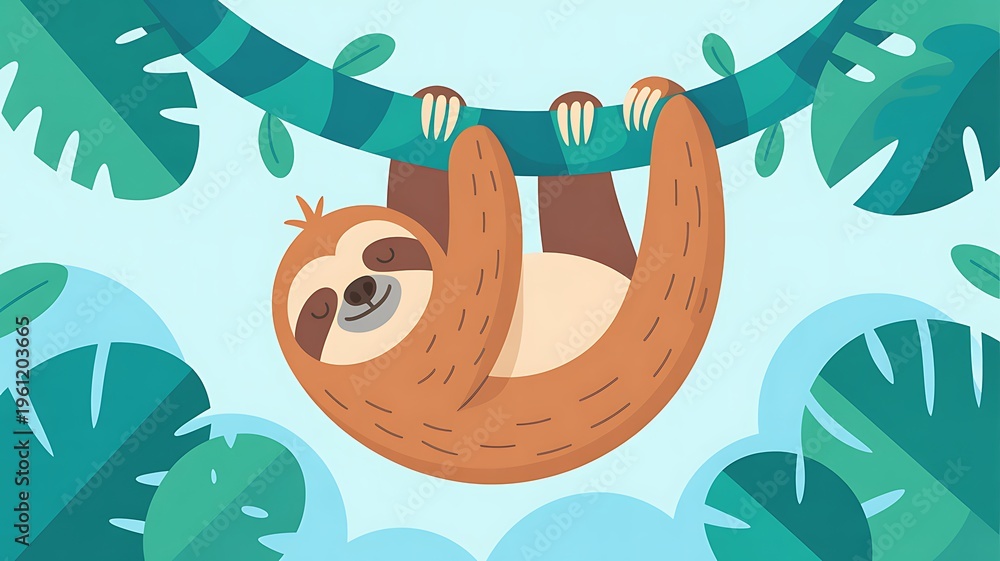 Obraz premium Sloth hanging upside down on branch with tropical leaves smiling face jungle scene
