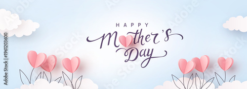 Mother's day postcard with pink paper flowers on blue sky background. Vector symbols of love in shape of heart for greeting card design