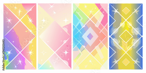 Four vibrant colorful abstract backgrounds with diamond and star motifs