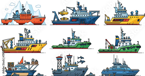 Set of Modern Flat Vector Icons Featuring Various Industrial Ships, Icebreakers, Research Vessels, Tugboats, and Marine Research Boats for Maritime Logistics and Transportation Projects