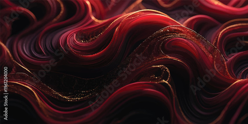 A flowing red abstract fractal background features soft silk textures and swirling satin waves in a motion-filled illustration perfect for a love-themed fantasy wallpaper design