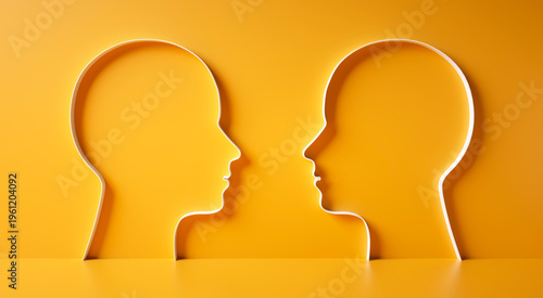 Fotografie Two mirrored head outlines facing each other in front of a vibrant yellow wall