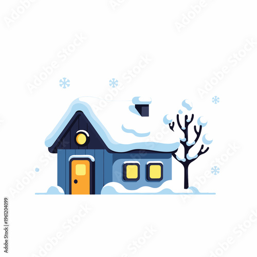 Snowy house with yellow door.