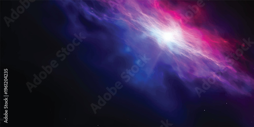 An abstract light blue universe background featuring celestial rays of light and cosmic nebula clouds amidst a bright starry galaxy