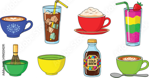 Cafe Beverage Vector Set Featuring Iced Coffee, Matcha Green Tea with Whisk, Hot Latte Art, Cold Brew Bottle, and Colorful Fruit Smoothie for Menu Designs