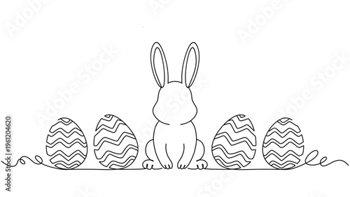 Easter Bunny and Decorated Eggs - Line Art Minimalist Design