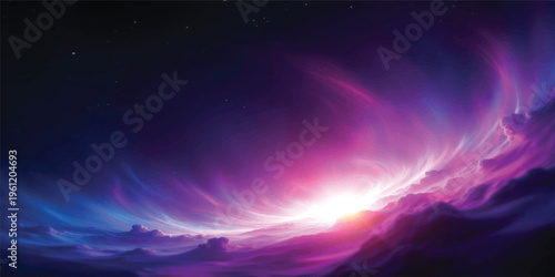 A bright blue planet Earth glows in the dark night of space as a golden sun rises over the horizon, casting orange light rays and a brilliant flare across the clouds in this cosmic art design