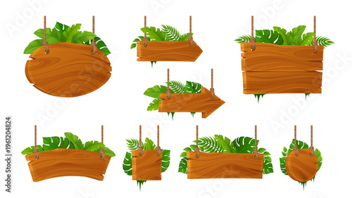 Wooden sign board with jungle tropical leaves - game UI element. Cartoon forest frame - rustic plank signage plaque hanging on rope with wood texture lush monstera for adventure backgrounds.