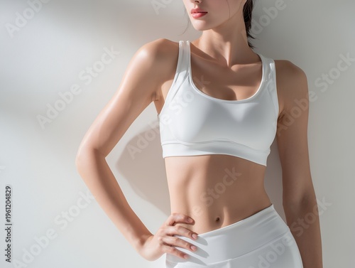 Tapety artystyczne 白いトレーニングウェアを着用してウエストのくびれを強調するフィットネス姿の若い女性