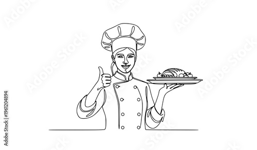 Minimalist continuous line drawing female chef thumbs-up serving main course restaurant vector illustration