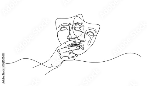 One line drawing hand holding comedy tragedy theater mask performing arts icon vector illustration